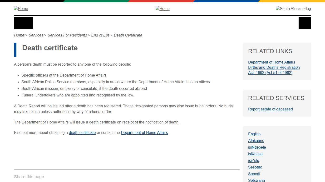 Death certificate South African Government
