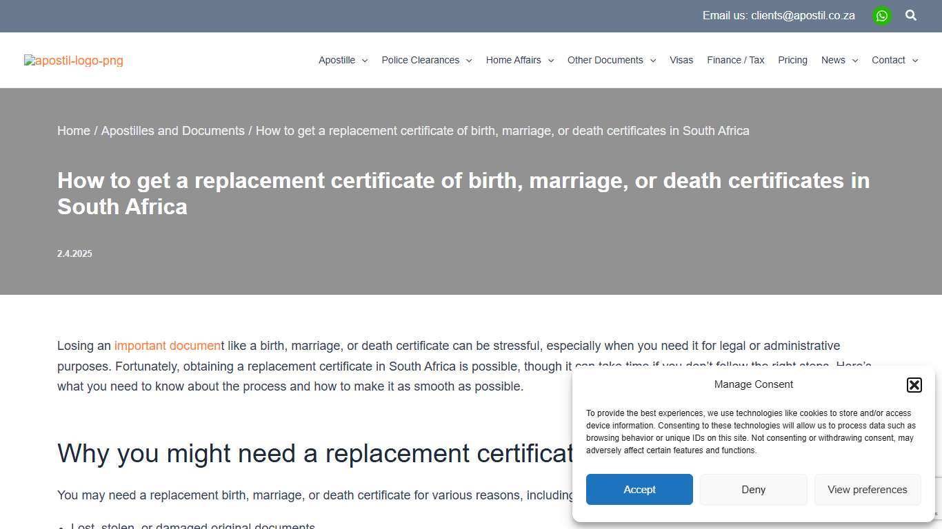 How to get a replacement certificate of birth, marriage, or death certificates in South Africa Apostil