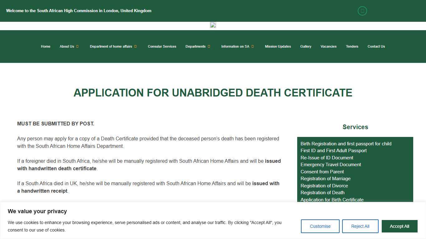 Death Certificate  - South African High Commission in the United Kingdom