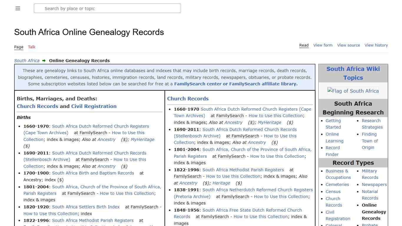 South Africa Online Genealogy Records • FamilySearch